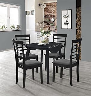 Hallowood Furniture Ledbury Round Dining Table and Chairs Set 4 in Black Finish, Wooden Drop Leaf Kitchen Table and Chairs with Dark Grey Fabric Padded Seat, Dining Room Set
