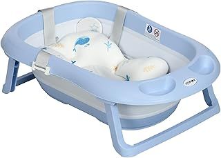 Foldable Baby Bath Tub Set, Collapsible Bathtub Antibacterial with Non-Slip Support, Cushion Pad, Shower Head Holder, for Newborn to Toddler Ages 0-6 Years - Blue