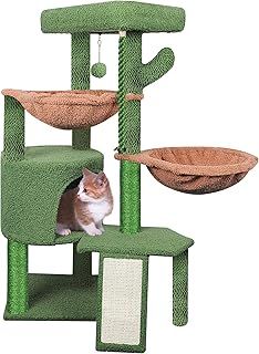 TWDEPART Small Cactus Cat Tree for Indoor Cats, Activity Centre Climbing Tree with Scratching Board and Playful Toy Balls, Green