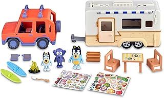 Bluey - Family Cruiser + Campervan Set, Playset Family Car Holiday Caravan, with 3 Figures, 10 Accessories and Decorative Stickers, 3 Years Famous (BLY53000)