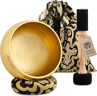 Tibetan Singing Bowl Set for Yoga, Meditation and Relaxation - Hammered Tibetan Singing Bowl Ø 13.5 cm, Double Beater with Felt and Leather, Ring Cushion, Bag and Instructions