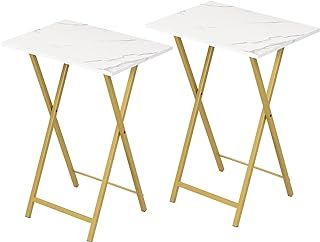 HOOBRO Folding Tables 2 Set, TV Tables for Eating Foldable, TV Tray Table, Small Sofa Laptop Dinner Table for Small Space, Metal Frame, Marble and Gold EDM25BZ01