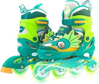 Dino Inline Skates for Boys Girls Dinosaur Kids Roller Blades with All Light Up Wheels Adjustable Sizes Beginners rollerskates for Birthday Xmas Gifts