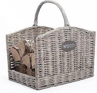Rustic Shabby Chic Style Grey Natural Wicker Fireside Log Basket Heavy Duty Kindling Wood Basket Home Storage Basket (Large)