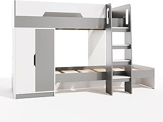 Flair Furnishings - Double Bunk Beds for Kids, Wooden Bunk Bed with Storage, Heavy Duty and Sturdy, Cosy, Stylish, Space Saving Design (White & Grey)