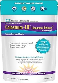 Liposomal Delivery - Colostrum Powder - Gluten-Free, Lactose-Reduced - 90 Servings - Sovereign Laboratories - 32oz Plain…