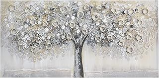 Home Selections Hand Painted Silver Tree 3D Wall Art - Large Modern Picture Ready to Hang - Silver Canvas 100x50cm