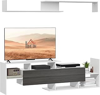 HOMCOM Modern TV Cabinet with Wall Shelf, TV Unit with Storage Shelf and Cabinet, for Wall-Mounted 65" TVs or Standing 40" TVs, White and Grey