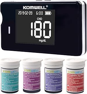 Blood Cholesterol Monitor Kit 4 in 1 Meter System Komwell Blood Cholesterol, Blood Glucose, Hemoglobin and Blood Uric Acid Test Kit