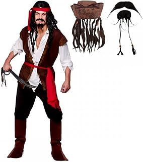 Adult Mens Caribbean Captain Jack Pirate Fancy Dress Costume + Hat With Hair & Beads + Beard & Tash (Large (Chest 44')), Brown