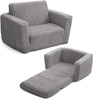 BEJOY Kids Sofa Bed 2-in-1 Flip Out Cuddly Sherpa Toddler Couch Convertible Chair to Lounger Children Sofa Bed Children's Day and Birthday Gift for Girls Boys, Grey