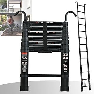 Telescopic Ladder 3.8M Aluminum Telescoping Ladder with Non-Slip Feet, Multi-Purpose Extension Straight Ladder with 2 Hook, Max Load 150kg/330lbs, EN131, Black