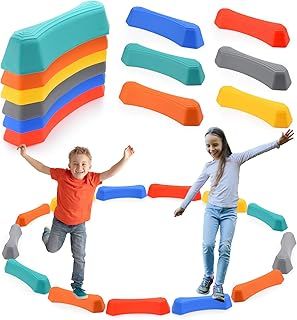 12 Pc Stepping Stones Kids Balance Beam with Anti-slip Textured Surface & Bottom Mats, Obstacle Course, Stackable Balance Blocks Garden Toys for Indoor/Outdoor Play