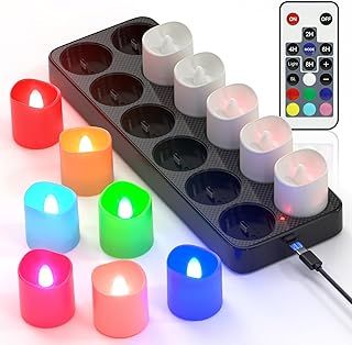 PChero Rechargeable Candles with Remote, 12 Pack RGB Coloured LED Battery Operated Flameless Tea Lights Candles Flickering with Charging Base for Halloween Christmas New Years Eve Party Decorations