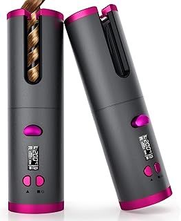 Wireless Auto Hair Curler with Adjustable Temperature and Timer, Automatic Cordless Curling Iron with LCD Display, Portable Rechargeable Rotating Fast Heating Hair Wand for style