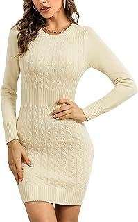 Gyabnw Jumper Dress for Women Crew Neck Sweater Dress Winter Chunky Cable Knit Long Sleeve Bodycon Dress Ladies Elegant Knitwear Mini Casual Dress