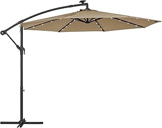 SONGMICS Cantilever Garden Parasol with Solar-Powered LED Lights, 3 m Banana Patio Umbrella with Base, Crank for Opening Closing, Sunshade with Protection UPF 50+, Taupe GPU118K01