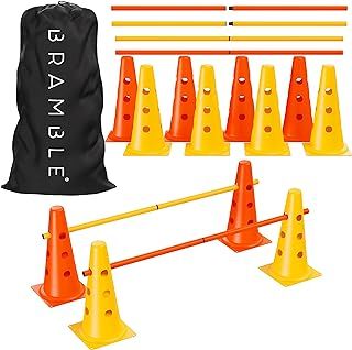 Adjustable Height Speed Agility Hurdles Set - 12 Cones 15" & 6 Training Poles 40" - Use as Exercise Jumping Hurdles for Kids, Football Agility Poles, or as Dog Agility Equipment