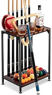 Billiards Floor Stand Pool Cue Rack with Ping Pong Paddle Holder - Hardwood Organizer for 12 Cues & Table Tennis Accessories (Brown)