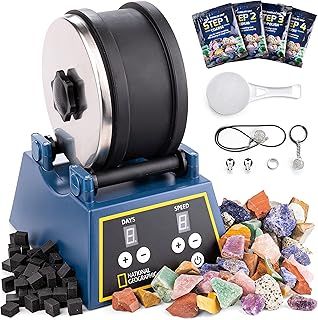 NATIONAL GEOGRAPHIC Rock Tumbler Kit - 1.36 kg Extra Large Capacity Barrel with 3-Speed Motor & 9-Day Timer, Includes Rocks for Tumbling & Rock Polisher Grit, Rock Tumbler Machine for Adults and Kids