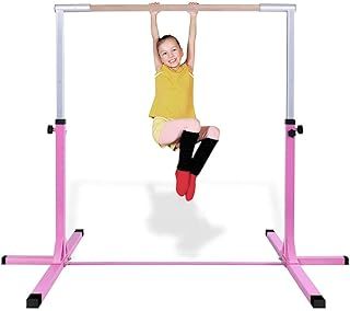 GYMAX Kids Adjustable Gymnastics Horizontal Bar, Children Sport Training Bar with Durable Beech Wood Bar and Steel Pole, Junior Kip High Bar for Home Gym