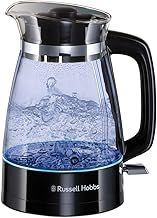 Russell Hobbs Carafe Style 1.7L Cordless Electric Glass Kettle with black handle, lid & base and blue internal illumination (Fast boil, 3KW, Anti-scale filter, Pull off lid, unique glass spout) 26080