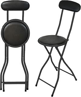 Round Compact Padded Folding High Back Stool Chair Back Rest For Breakfast, Office Stool, Folding Kitchen Stool, Desk Stool, Foldable Bar Stools (Black) (HOM 74)