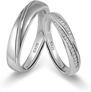 Meissa 2Pcs Couple Rings for Men and Women 925 Sterling Silver Wedding Band Matching Promise Rings Size Adjustable Handmade Bridal Jewellery Size F-T 1/2 (Set of Two Rings)
