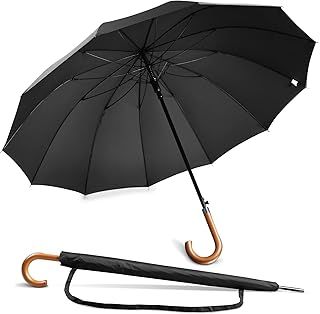 NINEMAX Large Stick Umbrella Windproof Strong,12 Ribs with Wooden Handle,Heavy Duty Gents for Men Women