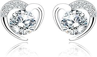 Silver Stud Earrings for Women, Stud Earrings White Gold Cubic Zirconia Heart Studs│Dainty Earrings Jewellery Gifts for Girls