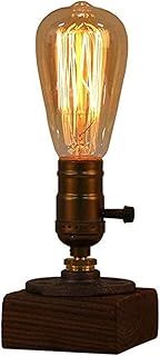 JINYU Weathered Wood Night Light Table Lamp Vintage Desk Lamp E26/E27 Edison Bulb Wooden Base Retro Industrial Steampunk Iron Pipe Flange Dimmable Nightlight for Bedroom Living Room Home Art Display