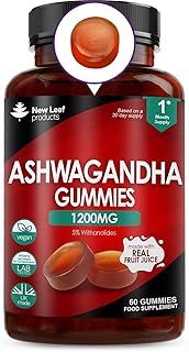Ashwagandha Gummies 1200mg – High Strength 5% Withanolides - Real Fruit Juice, No Artificial Colours or Flavours – Pure Ashwagandha Root Extract, 60 Vegan Gummys, Gluten Free, UK Made by New Leaf