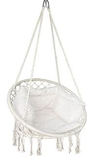 VOUNOT Hanging Chair with Cushion, Macrame Hammock Swing Chair for Balcony, Patio, Garden, Outdoor, 265LBS Capacity, Beige
