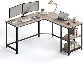 VASAGLE Computer Desk, L-Shaped Corner Desk, Gaming Desk, Workstation with 2 Storage Shelves for Home Office, Space-Saving, Easy to Assemble, Greige and Black LWD72MB
