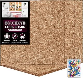 Felt Cork Board Tiles 4 Pack Brown Bulletin Boards 12"x12" - 1/2" Thick Cork Bulletin Board Self Adhesive Corkboards with 100 Push Pins for Wall School Home Office