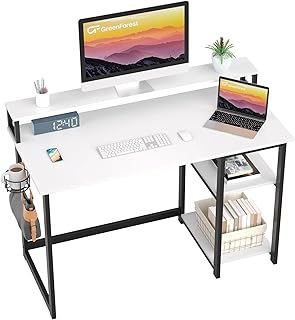 Computer Desk with Full Monitor Stand,100 cm Home Office Desk with Reversible Storage Shelves,Small Study Desk with Headphone Hook and Cup Holder,White