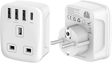Double Dragon 20W Fast Charging 5-in-1 UK to EU Travel Adapter | 3 USB-A & 1 USB-C Ports | Converts UK 3 PIN Plug to European 2 PIN Plug in Spain, France, Portugal, Germany, Greece, Italy, Sweden, etc