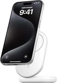 Belkin BoostCharge MagSafe Charger, Magnetic Foldable Wireless Charging Stand 15W, MagSafe-Compatible Portable Fast Charger for Qi2, iPhone 16, 15, 14, 13 & 12 Series, Standy Mode Ready - White