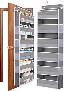 WishJazz Over Door Storage Hanging Organiser, 6 Large Pockets 8 Side Pockets, Anti Tilt 50 lb Back of Door Organiser with Clear Window for Bathroom, Nursery, Pantry, Baby Clothes Storage (Grey)