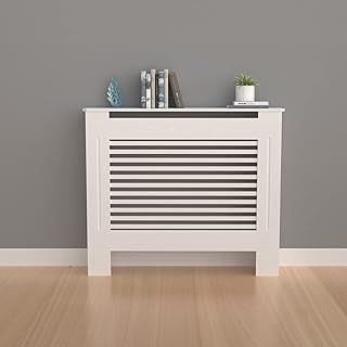 FATIVO High Radiator Cover Wood Cabinet: External 92cm Height White Small Heater Covers Internal Heights 90cm Horizontal Slats Modern Tall Radiator Shelf Thicken MDF Wooden Kitchen Bedroom