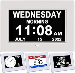 Alarm Clock With Date & Calendar - 7" Digital Day Clock & Photo Frame - Auto Dimmable Display, 15 Alarm Options, Non-Abbreviated Day & Month (White)