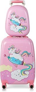 COSTWAY 2 Pcs Kids Luggage Set, 12'' Backpack and 18'' Suitcase Children Boys Girls Travel School Trolley Case on Wheels (Unicorn, Pink)