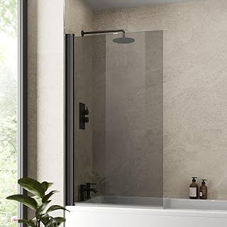 1400 x 800mm Black Tinted Over Bath Shower Screen Folding Hinged Door Glass Panels & Screens for Baths, Bathroom Frameless Square Design, 6mm Toughened Safety Glass, 180° Pivot