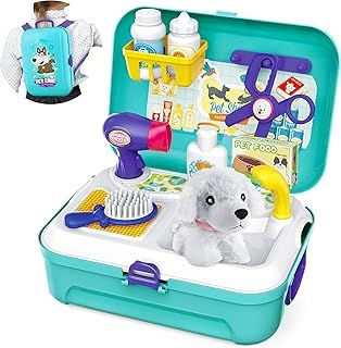 Pet Care Role Play Set Grooming Toys Feeding Dog Backpack Vet Kit Toy for Kids Children (16 pcs)