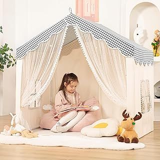 Kids Play Tent with Star Lights, Large Indoor/Outdoor Playhouse, Canvas Play Tent Decorated Sequin Sparkle Stars, Kids Indoor Playhouse for Toddler Age 4-8, Boho Bed Tent