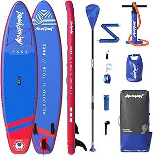 AQUAPLANET Inflatable Stand Up Paddle Board Kit - Pace, Red & Blue | 10.6 Foot | Ideal for SUP Beginners & Experts | Includes Fin, Paddle, Pump, Repair Kit, Backpack, Leash, Dry Bag, Carry Strap