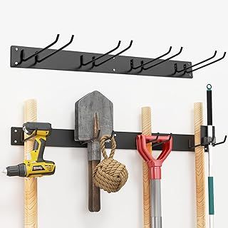 Garden Tool Storage Rack, 36 Inch Wall Mount Tool Organizer with 4 Double Layer Hooks, Adjustable Garage Storage System Utility Tool Hanger for Warehouse Basement Workshop