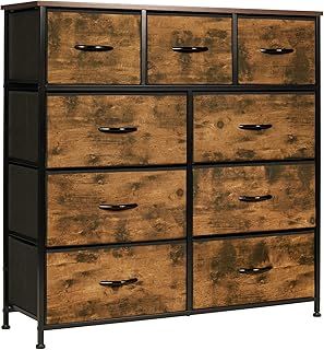 LYNCOHOME Chest of Drawers, Bedroom Drawers, Fabric Dresser with Wood Top and Large Storage Space, Easy to Assemble, for Bedroom, Living room, Kids room, Closet (Sepia Print, 9 Drawers)