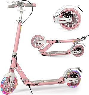 Scooter for Kids Age 8-12 with 2 Light-up Wheels, 200mm Big Wheels Adult Scooters with Disc Brakes, Foldable Teenager Kick Scooter with Carry Strap and Double Shock Absorption for 11-15
