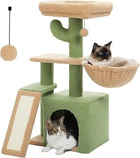 Cactus Cat Tree With Scratching Pad and Hammock Cat Tower With Condo, Small Cat Tower Comfy Basket For Indoor Cats, 80cm Green